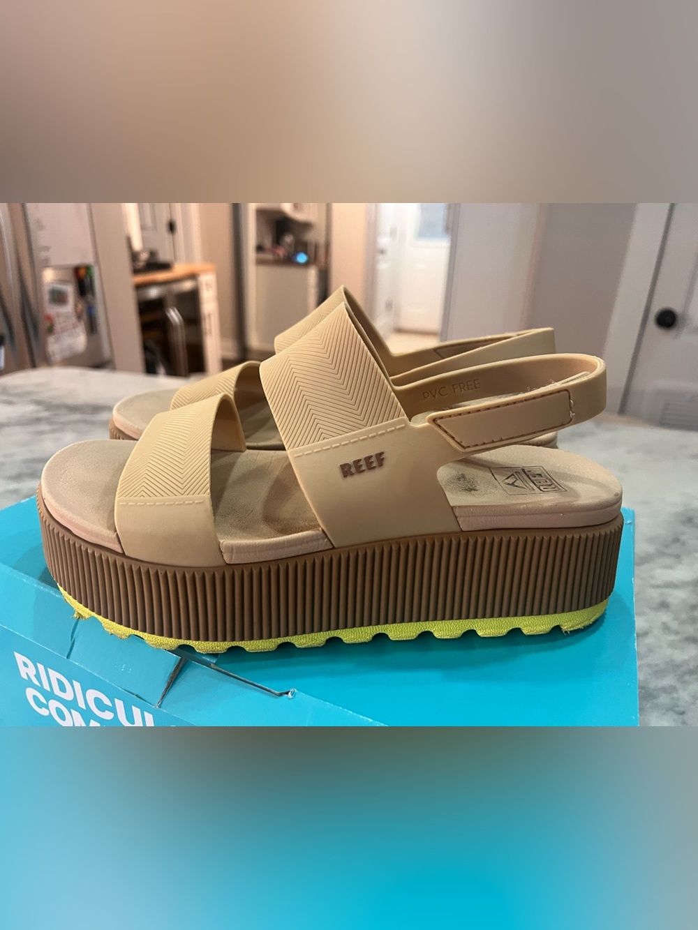 Reef Platform Sandal in Tan with Neon Yellow Outsole - Picture 2 of 7